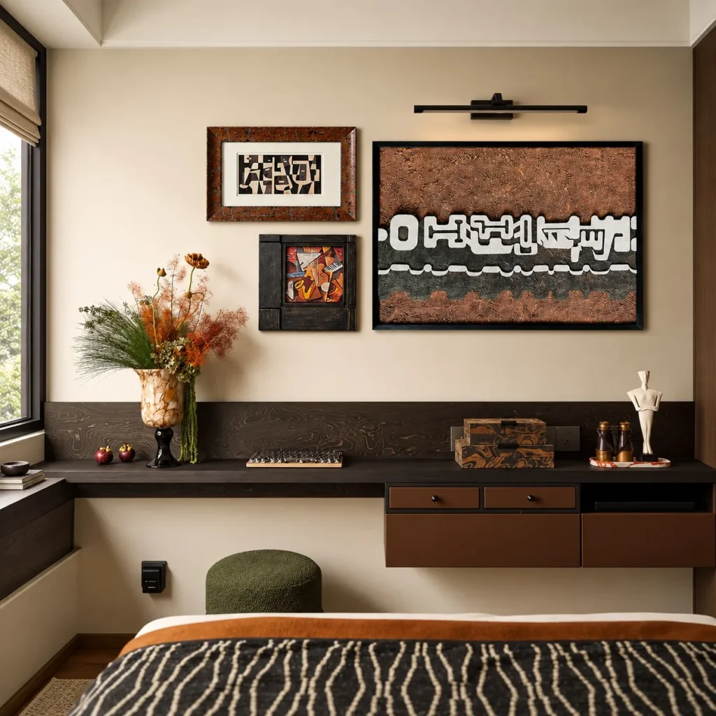 Rust Textured Wall Art Set of 3 with Picture Light in rust — front view