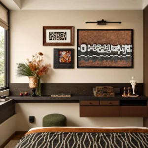 Rust Textured Wall Art Set of 3 with Picture Light in rust — front view