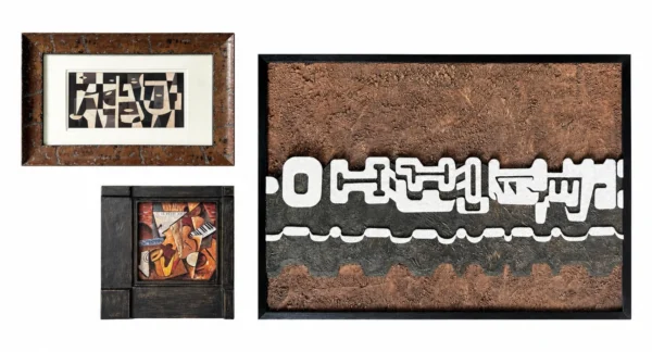 Rust Textured Wall Art Set of 3 with Picture Light in rust — in a room setting