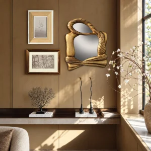 Sculptural Gold Mirror Wall Art Set with Framed Sketches in brushed brass — front view