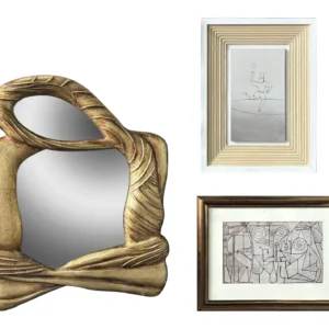 Sculptural Gold Mirror Wall Art Set with Framed Sketches in brushed brass — in a room setting