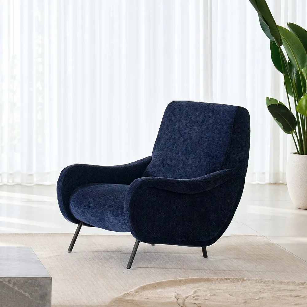 Deep Blue Chenille Curved Armchair on Black Metal Legs in blue — front view