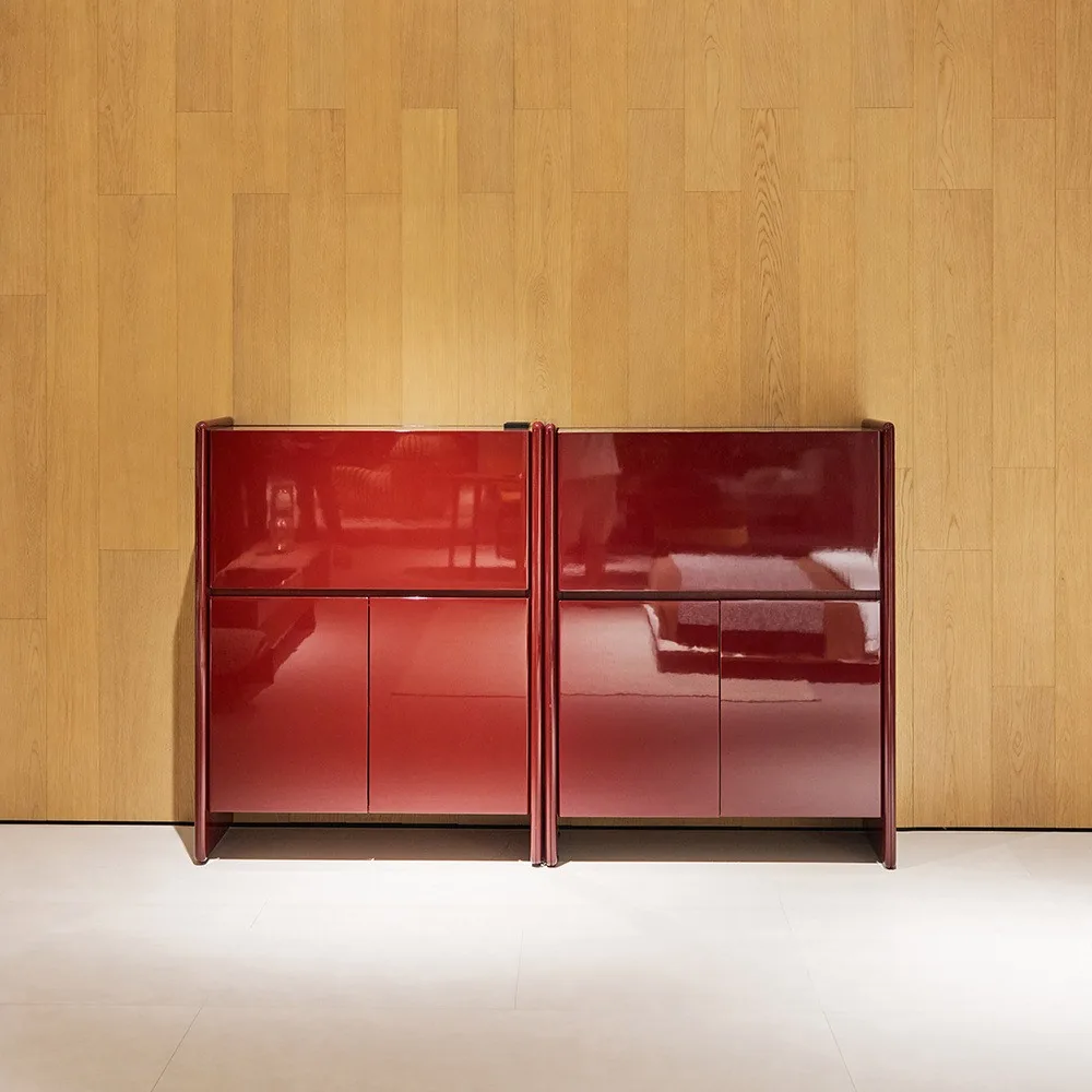 Wine-Red Piano Lacquer Bar Sideboard with Red Marble Top in burgundy — front view