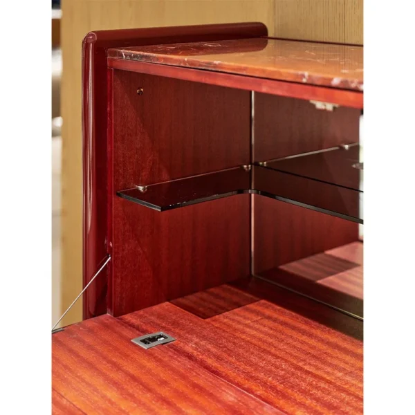 Wine-Red Piano Lacquer Bar Sideboard with Red Marble Top in burgundy — in a room setting