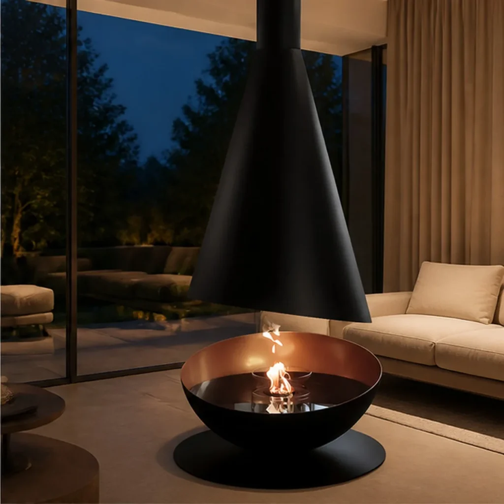 Derek Suspended Cone Fireplace with Copper-Lined Bowl in black — front view