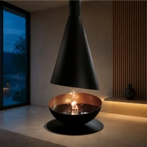 Derek Suspended Cone Fireplace with Copper-Lined Bowl in black — in a room setting
