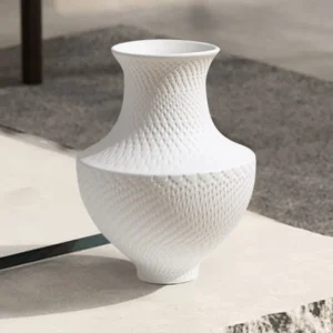 Designer Bisque Ceramic Vase with Diamond Texture, Medium in ivory — front view