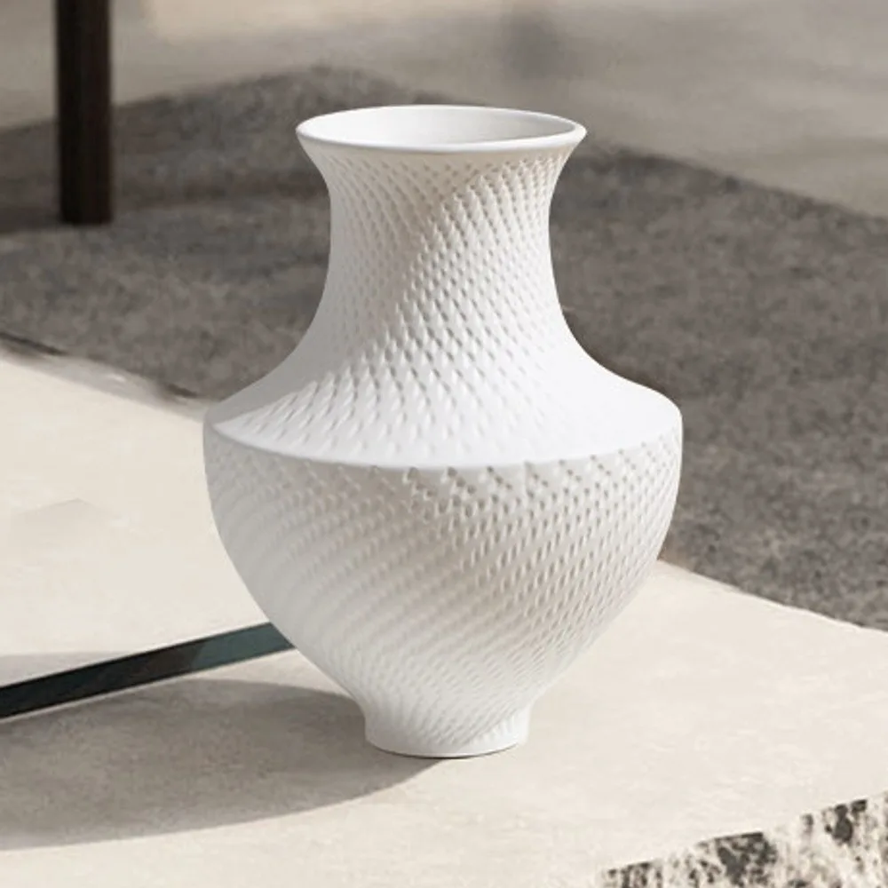 Designer Bisque Ceramic Vase with Diamond Texture, Medium in ivory — front view