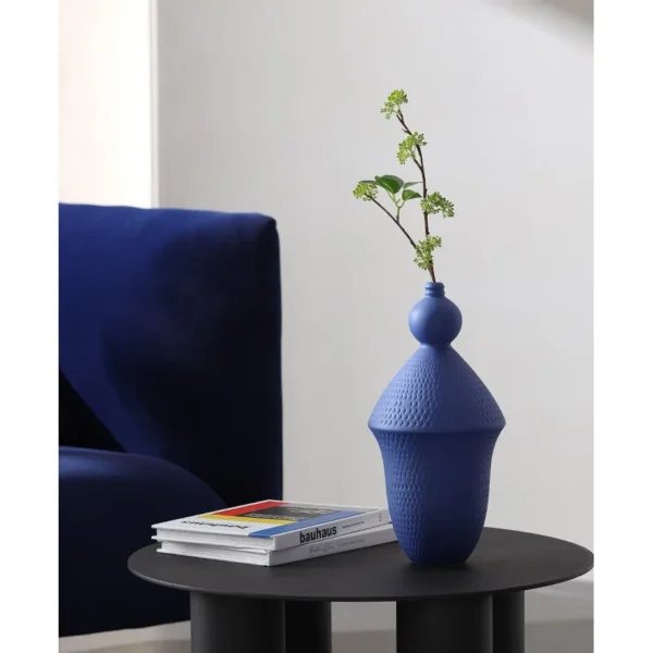Designer Bisque Ceramic Vase with Diamond Texture, Medium in ivory — in a room setting