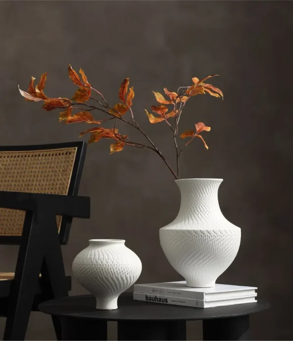 Designer Bisque Ceramic Vase with Diamond Texture, Medium in ivory — in a room setting