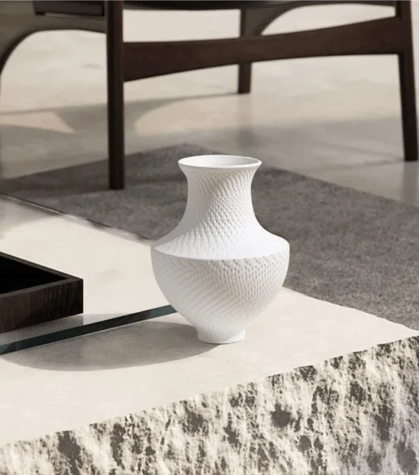 Designer Bisque Ceramic Vase with Diamond Texture, Medium in ivory — in a room setting