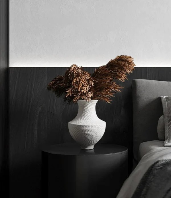 Designer Bisque Ceramic Vase with Diamond Texture, Medium in ivory — in a room setting