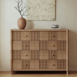 French Vintage Checkerboard Oak Chest of Drawers in natural oak — front view