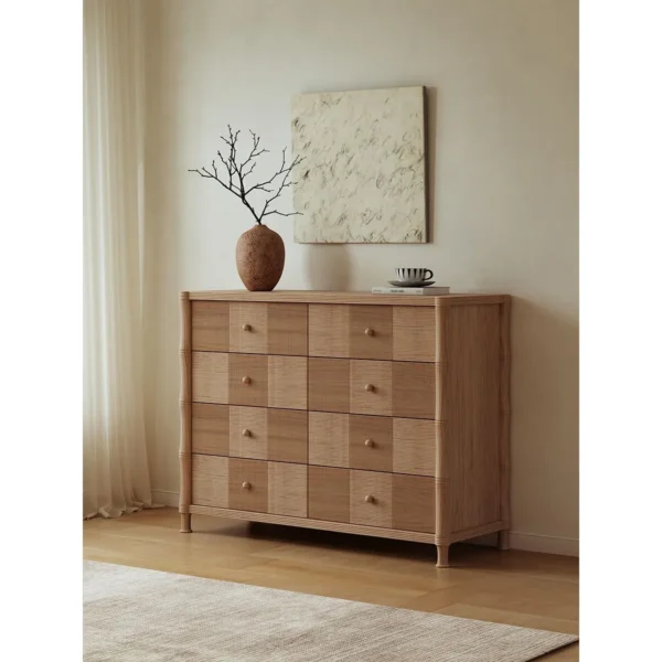 French Vintage Checkerboard Oak Chest of Drawers in natural oak — in a room setting