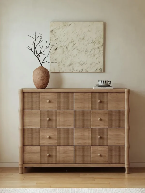 French Vintage Checkerboard Oak Chest of Drawers in natural oak — in a room setting