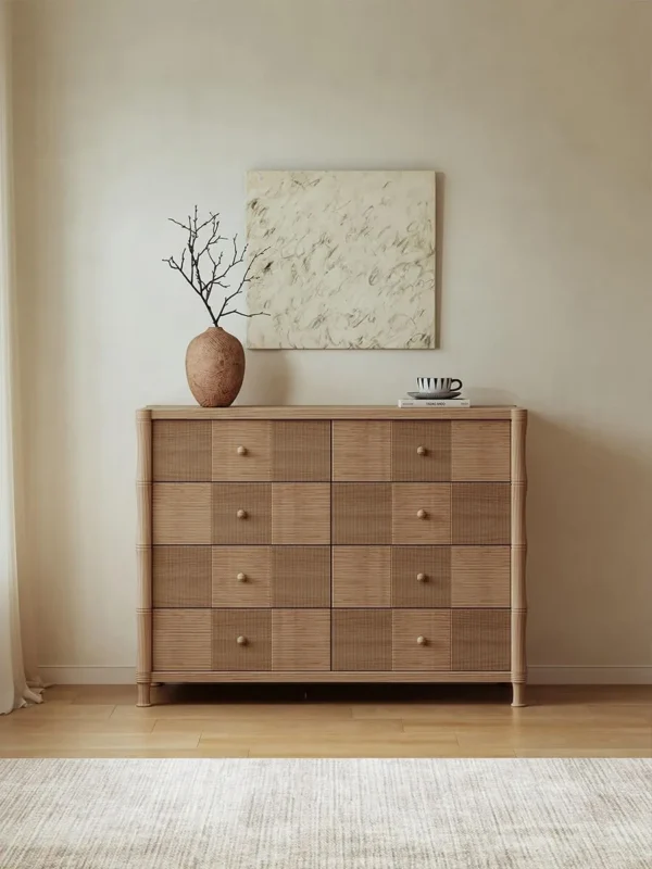 French Vintage Checkerboard Oak Chest of Drawers in natural oak — in a room setting