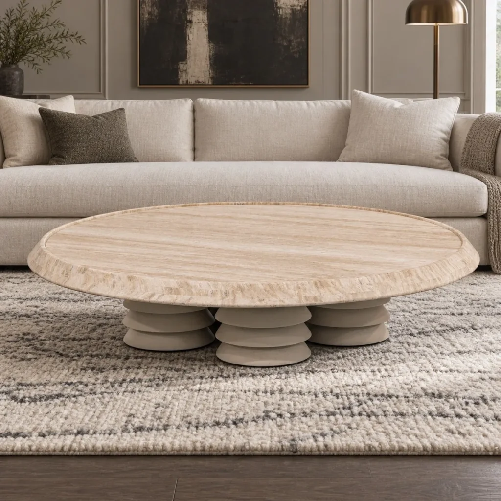 Round Travertine Coffee Table on Fluted Stone Column Base in oatmeal — front view
