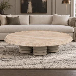 Round Travertine Coffee Table on Fluted Stone Column Base in oatmeal — front view