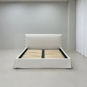 Slipcovered Fabric Bed with Buttoned Headboard in ivory — front view
