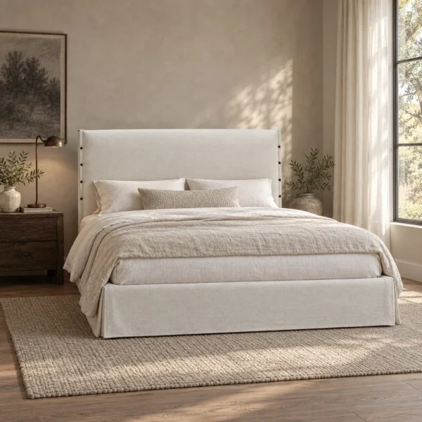 Slipcovered Fabric Bed with Buttoned Headboard in ivory — in a room setting