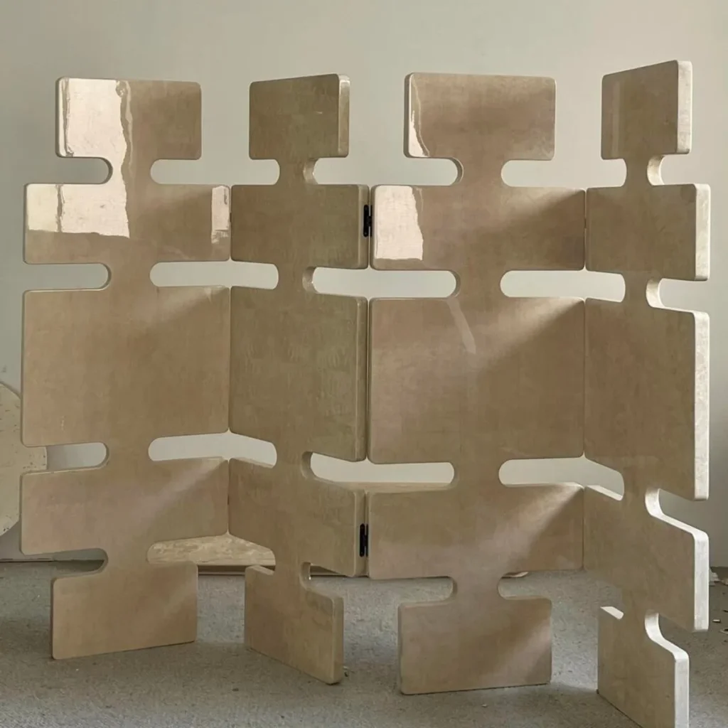 Interlocking Puzzle-Block Folding Screen in Stone Finish — front view