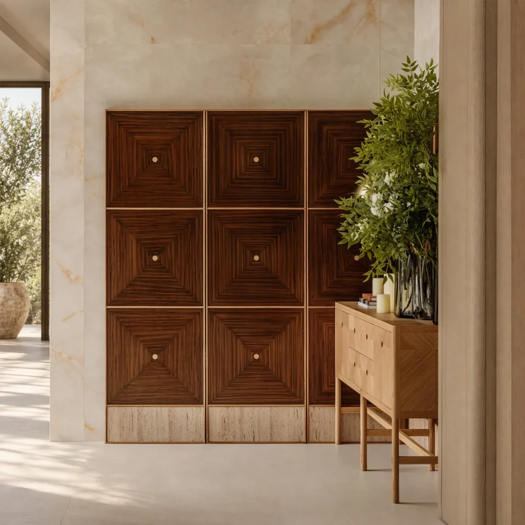 Ripple Marquetry Folding Screen with Travertine Base in walnut — front view