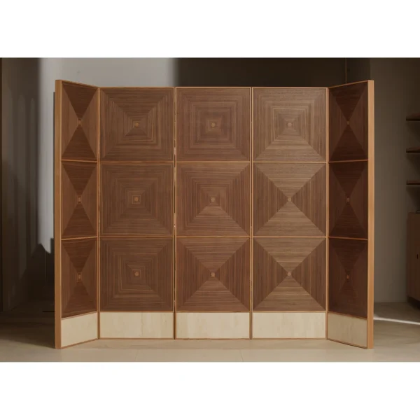 Ripple Marquetry Folding Screen with Travertine Base in walnut — in a room setting