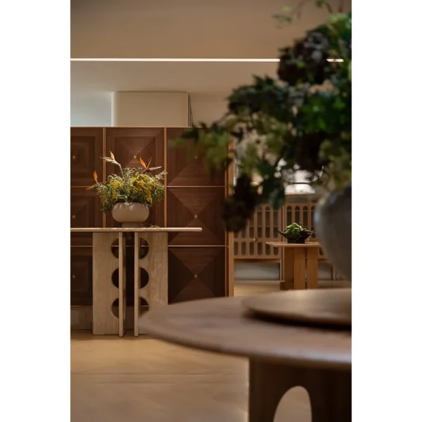 Ripple Marquetry Folding Screen with Travertine Base in walnut — in a room setting
