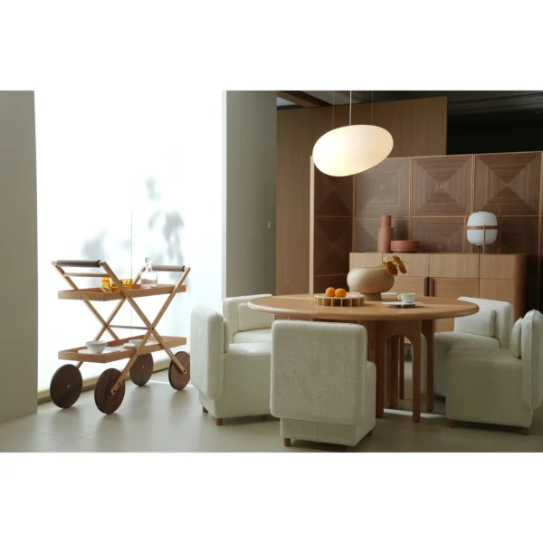 Ripple Marquetry Folding Screen with Travertine Base in walnut — in a room setting