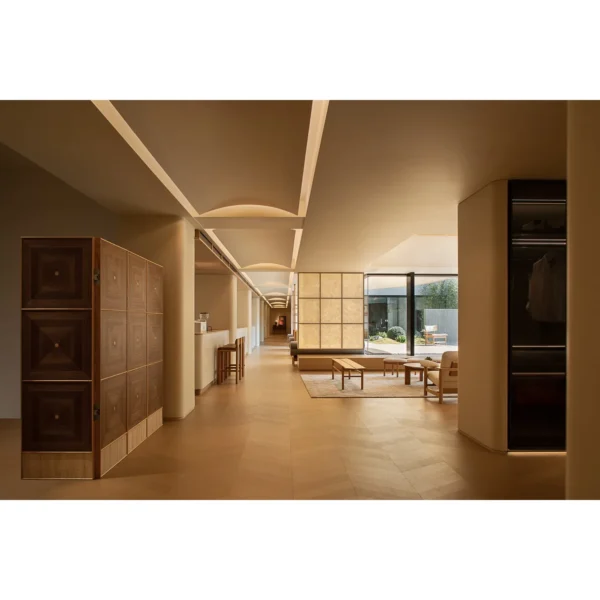 Ripple Marquetry Folding Screen with Travertine Base in walnut — in a room setting