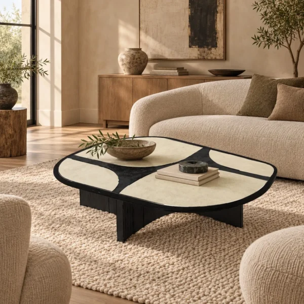 Pebble Inlay Oval Coffee Table on Black Legs in oatmeal — in a room setting