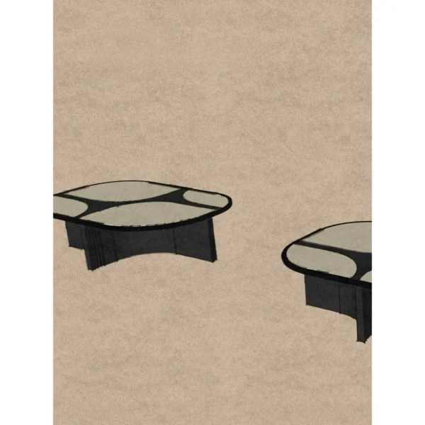 Pebble Inlay Oval Coffee Table on Black Legs in oatmeal — in a room setting