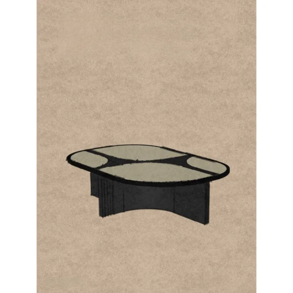 Pebble Inlay Oval Coffee Table on Black Legs in oatmeal — in a room setting