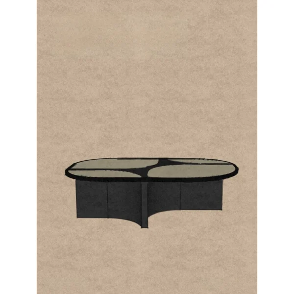 Pebble Inlay Oval Coffee Table on Black Legs in oatmeal — in a room setting