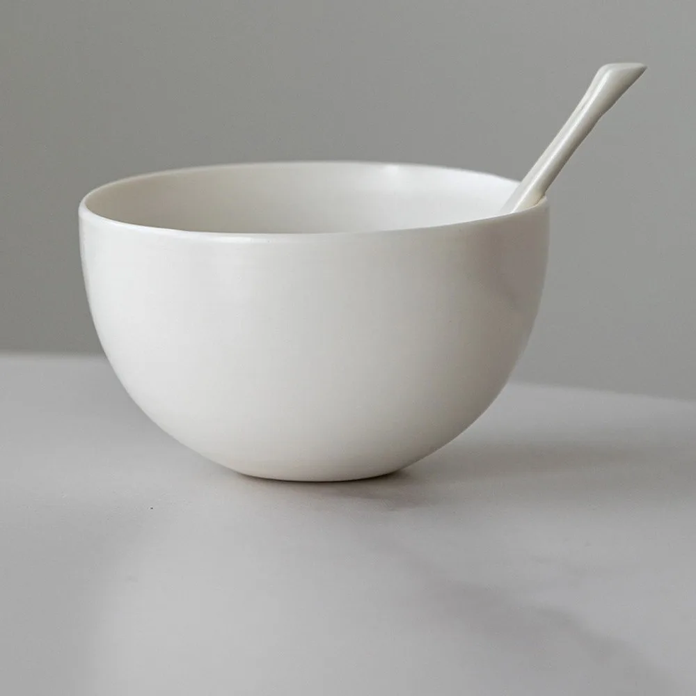 Designer Hand-Made Plain White Ceramic Rice Bowl in ivory — front view