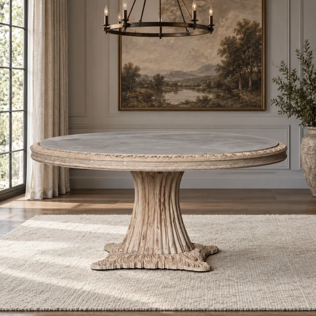 French Carved Round Dining Table, Raw Finish in natural oak — front view