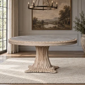 French Carved Round Dining Table, Raw Finish in natural oak — front view