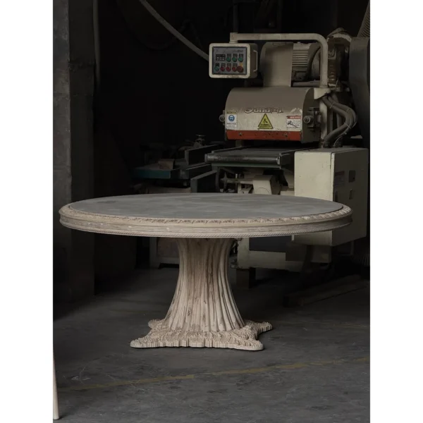 French Carved Round Dining Table, Raw Finish in natural oak — in a room setting