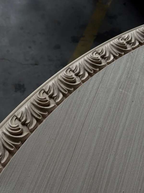 French Carved Round Dining Table, Raw Finish in natural oak — detail
