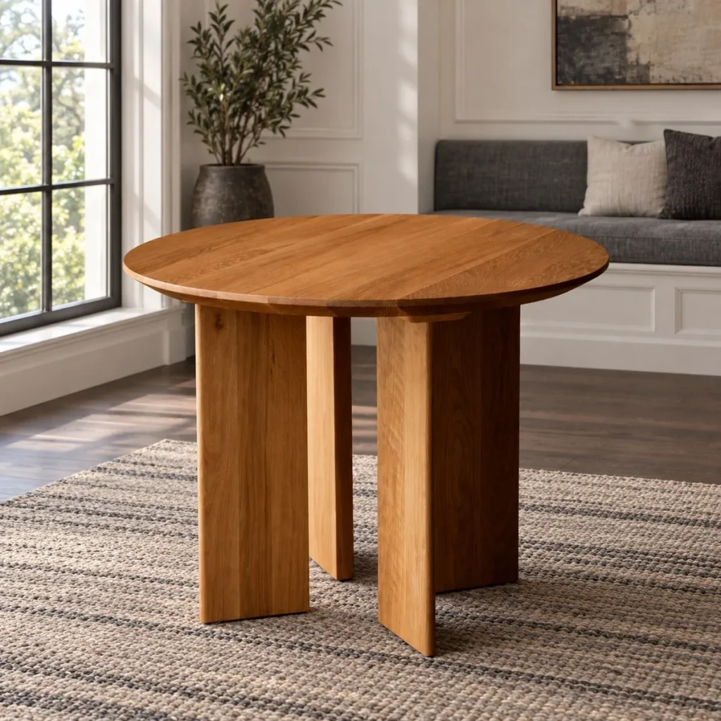 Solid Oak Round Table with Angled Panel Base in natural oak — front view