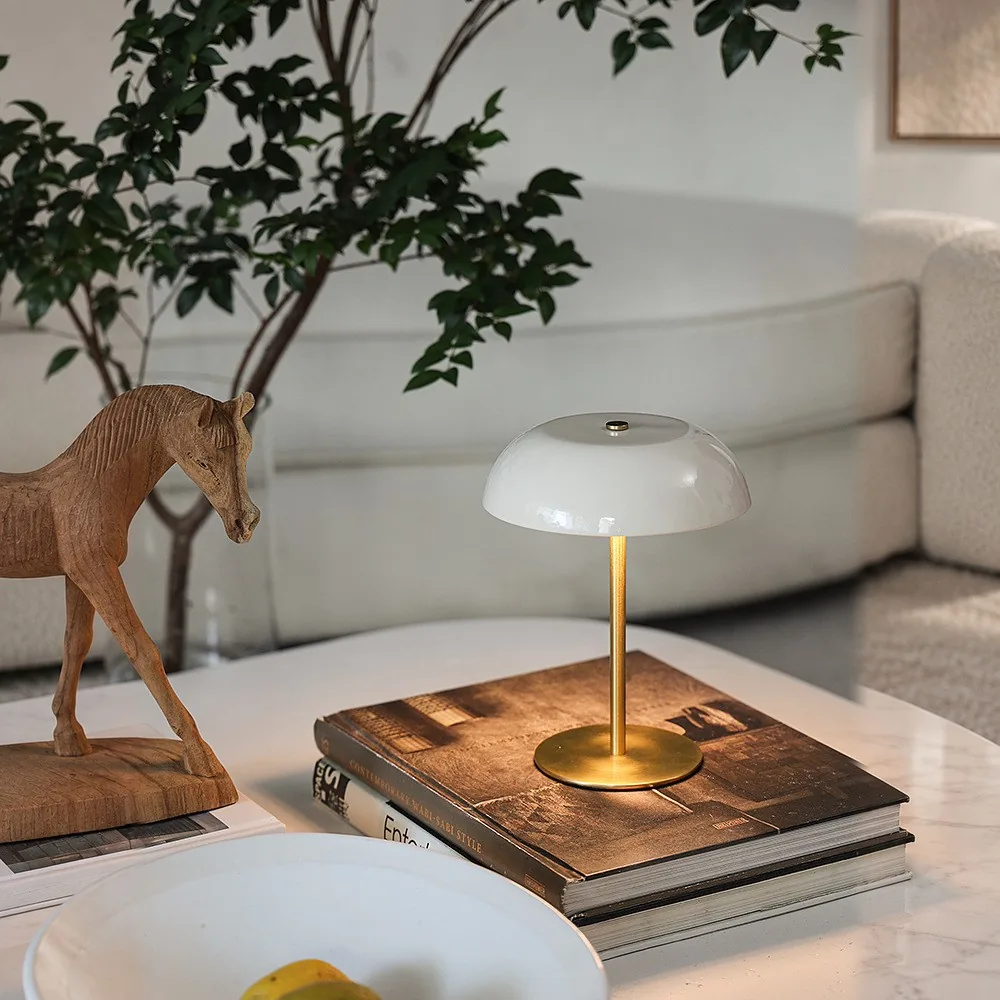 Portable Brass Mushroom Table Lamp with Touch Dimmer in ivory — front view