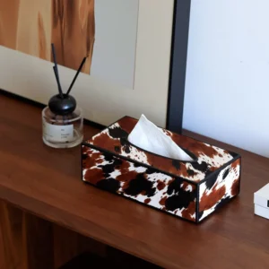 Designer Cowhide Tissue Box in Black and Brown Spots — front view