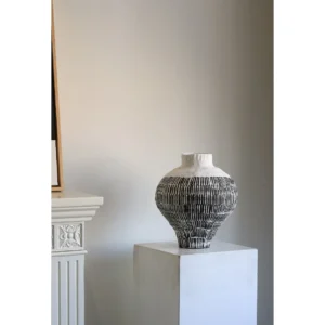 Jingdezhen Black Dash-Pattern Moon Jar, Large or Small in ivory — in a room setting