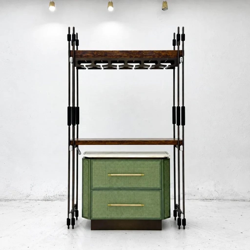 Metal-Column Bar Cabinet with Burl Shelves and Green Drawer Unit — front view