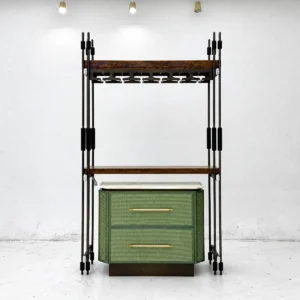 Metal-Column Bar Cabinet with Burl Shelves and Green Drawer Unit — front view