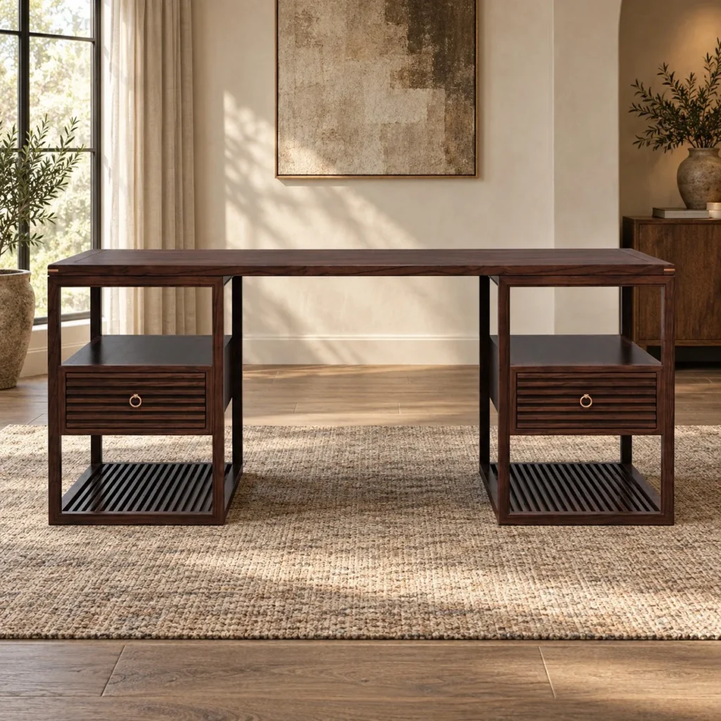 Dark Wood Pedestal Desk with Slatted Sides and Drawers in clay — front view