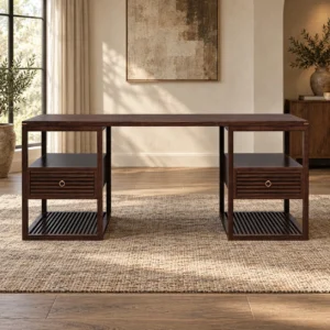 Dark Wood Pedestal Desk with Slatted Sides and Drawers in clay — front view