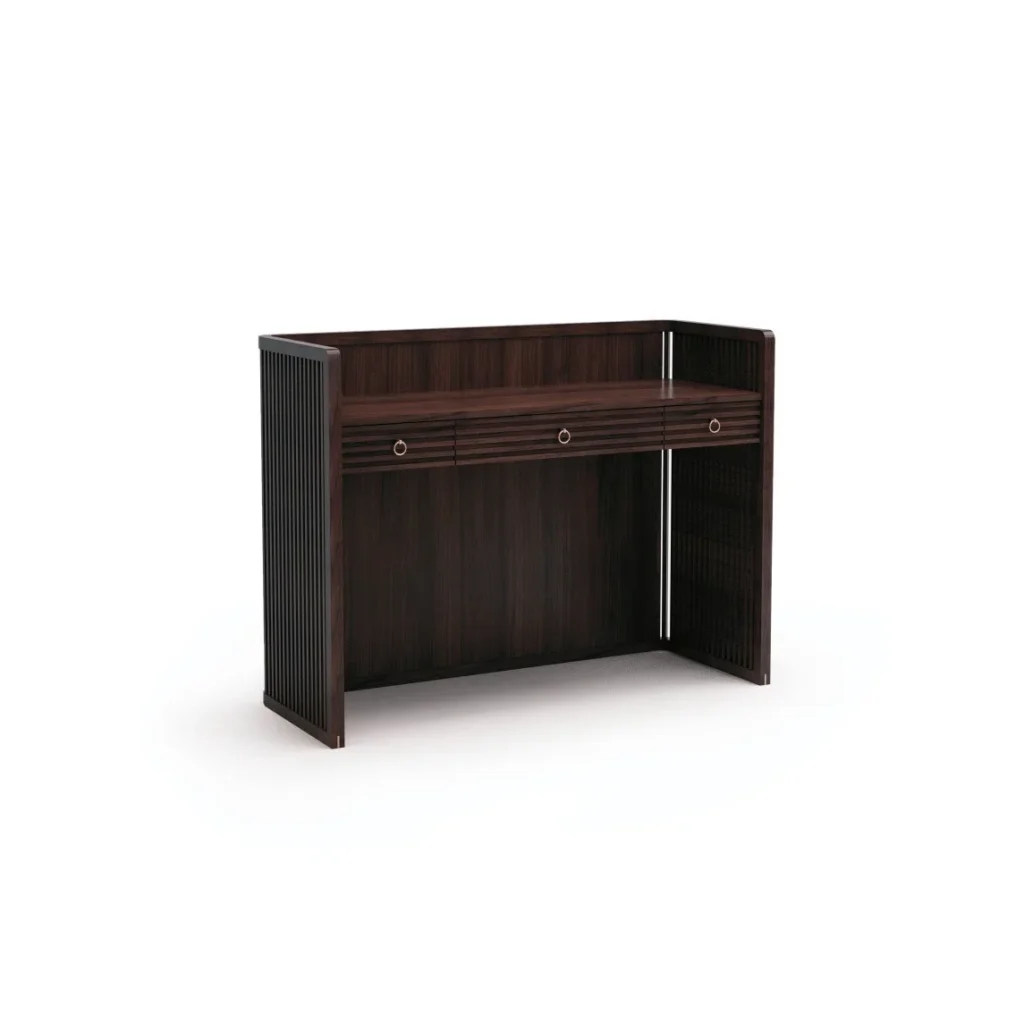Dark Wood Slatted Writing Desk in clay — front view