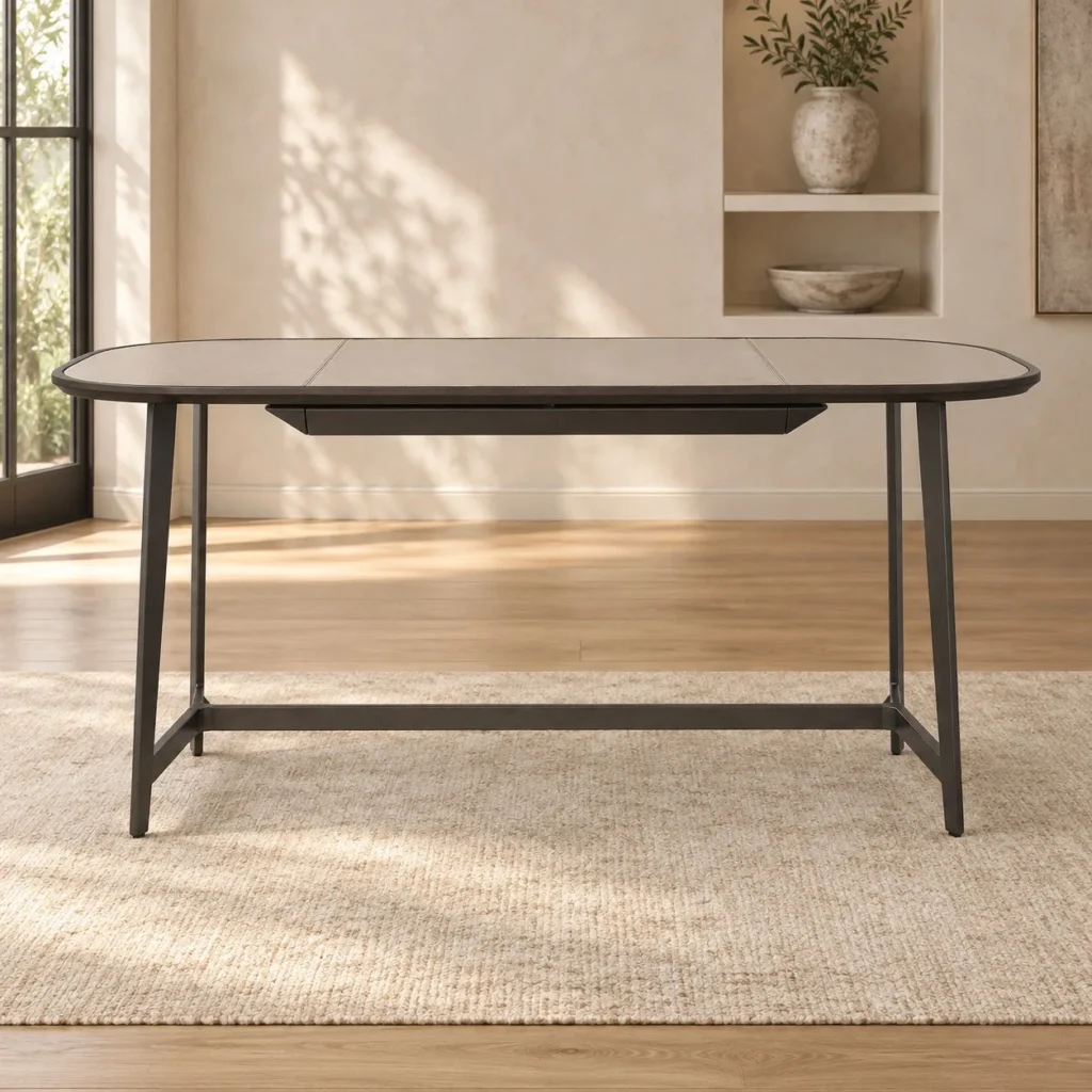 Oval Leather-Top Desk on Black Metal Legs, 140 or 160 cm in oatmeal — front view
