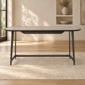 Oval Leather-Top Desk on Black Metal Legs, 140 or 160 cm in oatmeal — front view